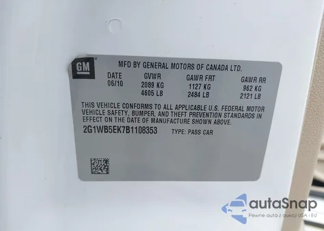 2011 Chevrolet Impala Lt z USA, uszkodzony, nr VIN 2G1WB5EK7B1108353